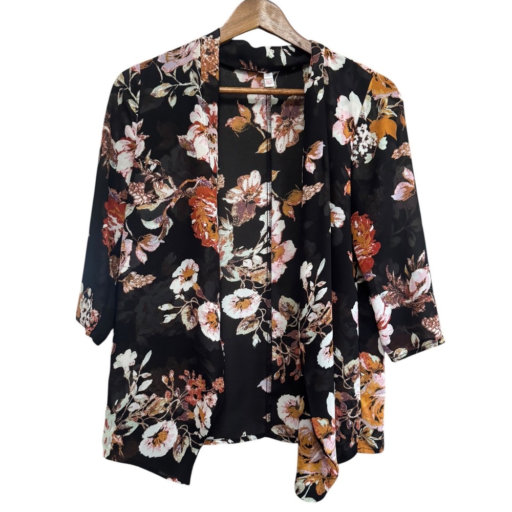 Xhilaration Kimono Cardigan Women XS/S Black Floral Excellent Open Front Sheer